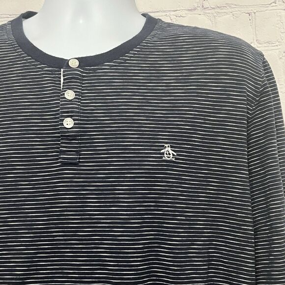 PENGUIN Navy Blue White Striped Henley Shirt XXL Short Sleeve Preppy Mens - Picture 4 of 12
